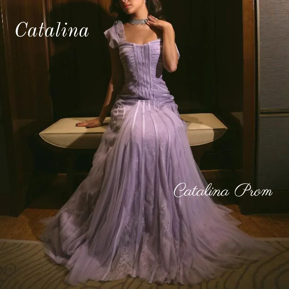 

Mermaid Corset Evening Dresses Purple Tulle Long Customized Square Neck Prom Dress Ruffles Sleeve Lace Formal Party Gown 2025