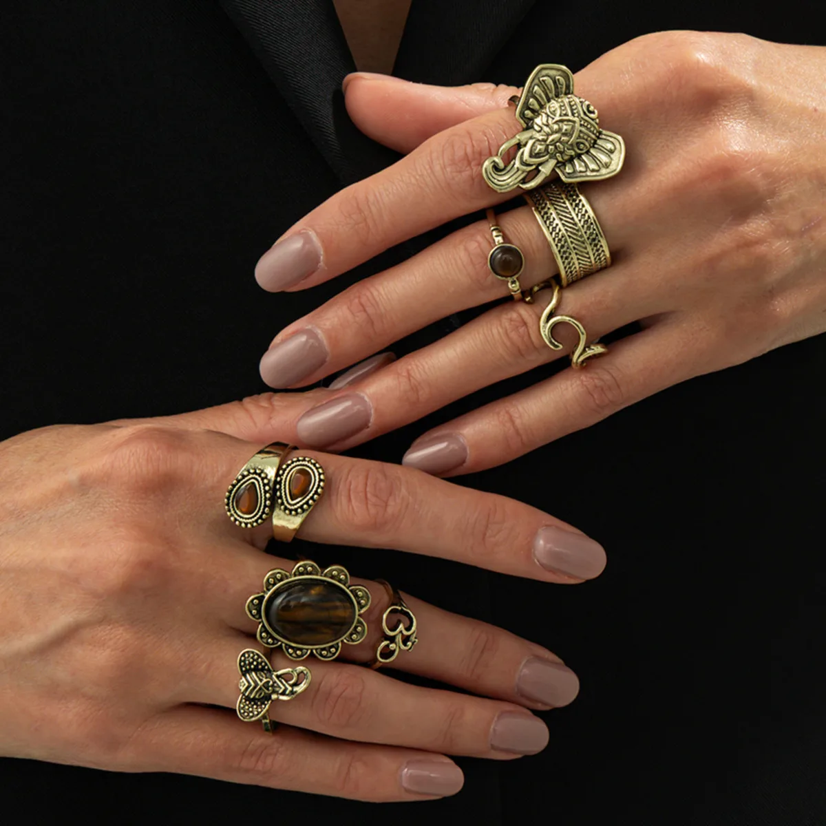 SHIXIN 8Pcs/Set Retro Elephant Geometry Rings Women Ethnic Style Antique Gold Color Irregular Knuckle Rings New Year Jewelry