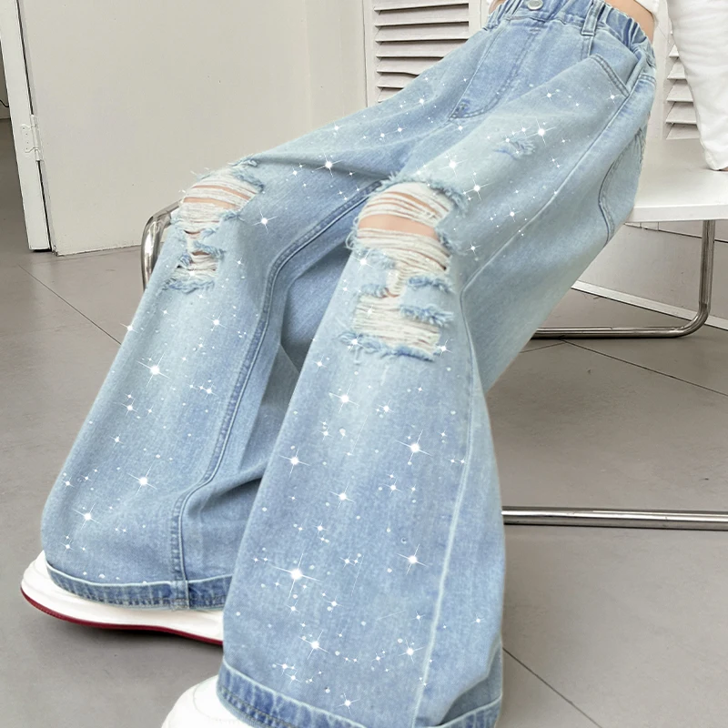 

2026 Summer Children's Wide Leg Jeans Punched Detail Straight Legs Sports Pants for Boys And Girls