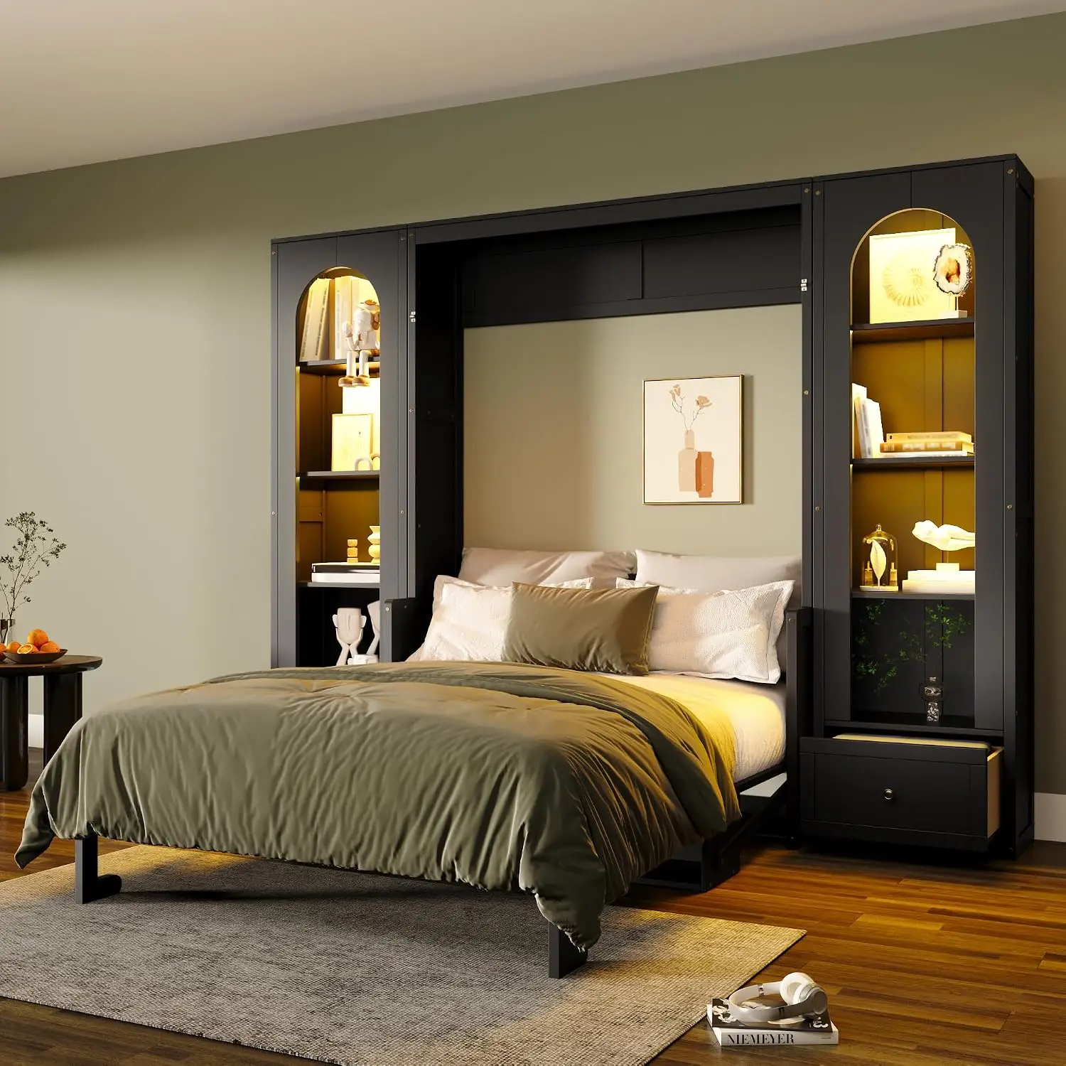 Murphy Bed Queen Size Platform Bed with Side Cabinets,Black
