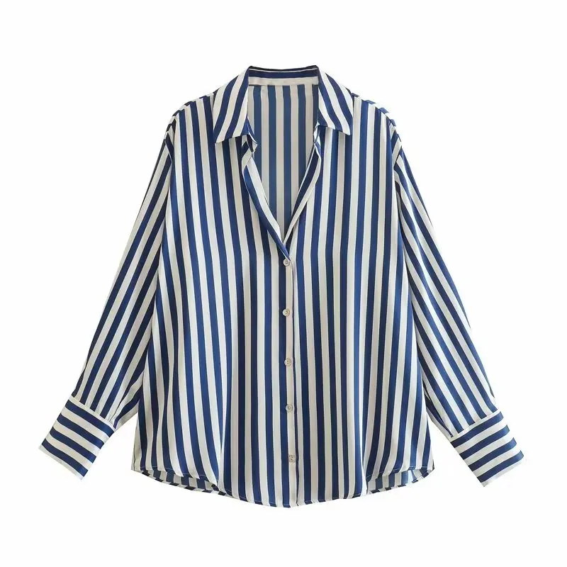2026 Spring Women Casual Cotton Silk Striped Printed Long Sleeve Blouse Elegant Lady Polo Collar Single Breasted Top Shirts