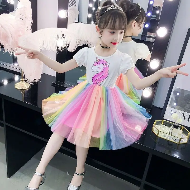 Girls Clothes 2024 New Girls Summer Dress Wedding Rainbow Dress Fluffy Dress Princess Dress Unicorn Elegant Kids Clothes 2-14Y