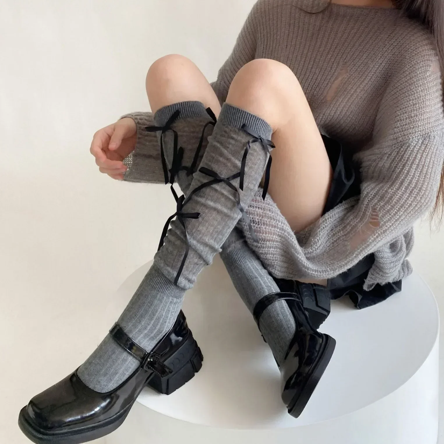 

1 Pair Kawaii Ballet Style Lolita Long Socks Bandage Bowknot Thin Style JK Stockings Transparent Thigh Stockings for Women Girls