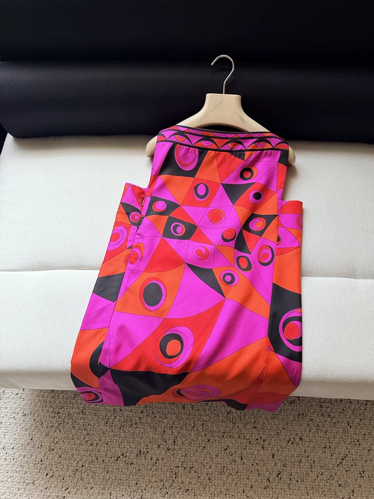 Summer Fashion Vintage Geometric Print Silk Mini Pencil Dress Women's Square Collar Sleeveless High Waist Slim Short Dresses