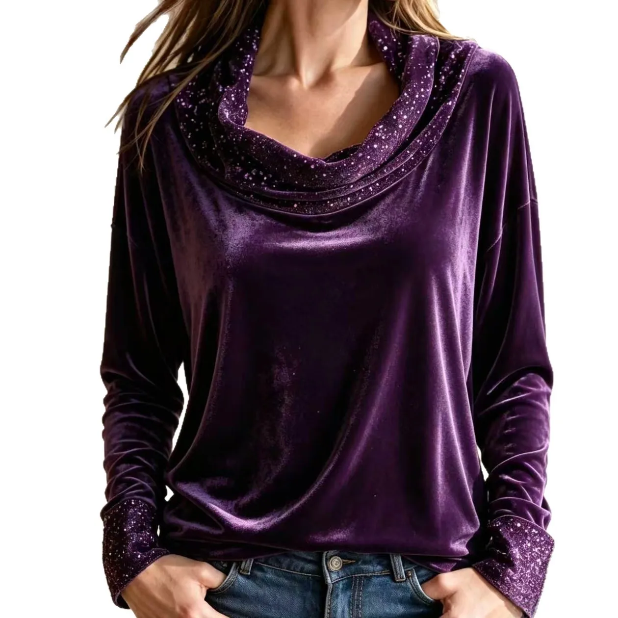 2026 Velvet Long-sleeved Top For Women, Sequin. Patchwork, Loose-fitting Pullover, Autumn. And Winter Women's Clothing Luxury