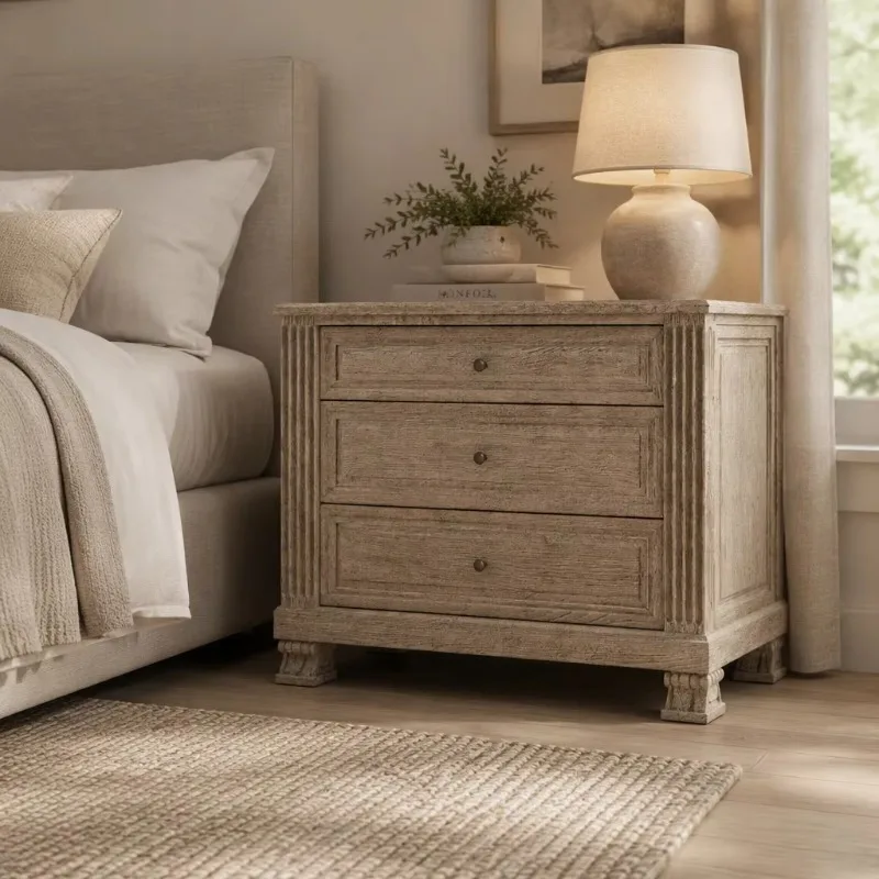 American Country-style Three-drawer Solid Wood Storage Antique Vintage Weathered Retro Bedroom Nightstand Furniture