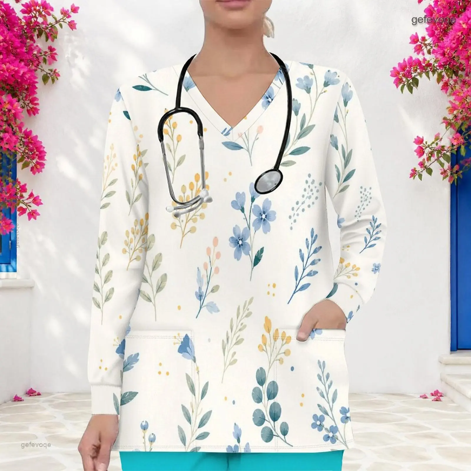 V Neck Long Sleeve Front Pockets Printed Scrub Top for Women