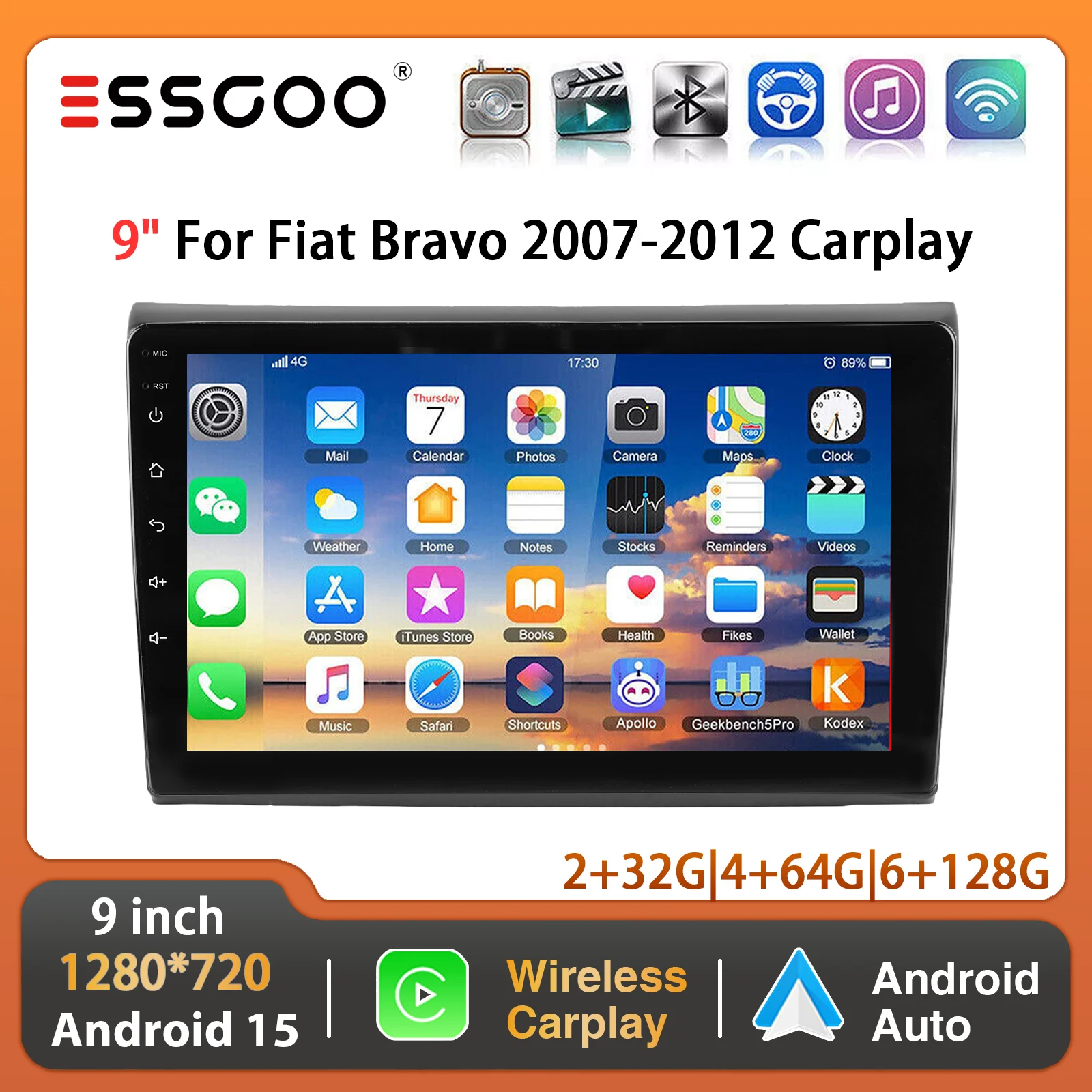 ESSGOO Autoradio Android 15 da 9 pollici con Carplay Wireless e Android Auto per Fiat Bravo 2007-12, GPS, Navigatore, Bluetooth, RDS, SWC, FM, Wi-Fi, Touchscreen IPS