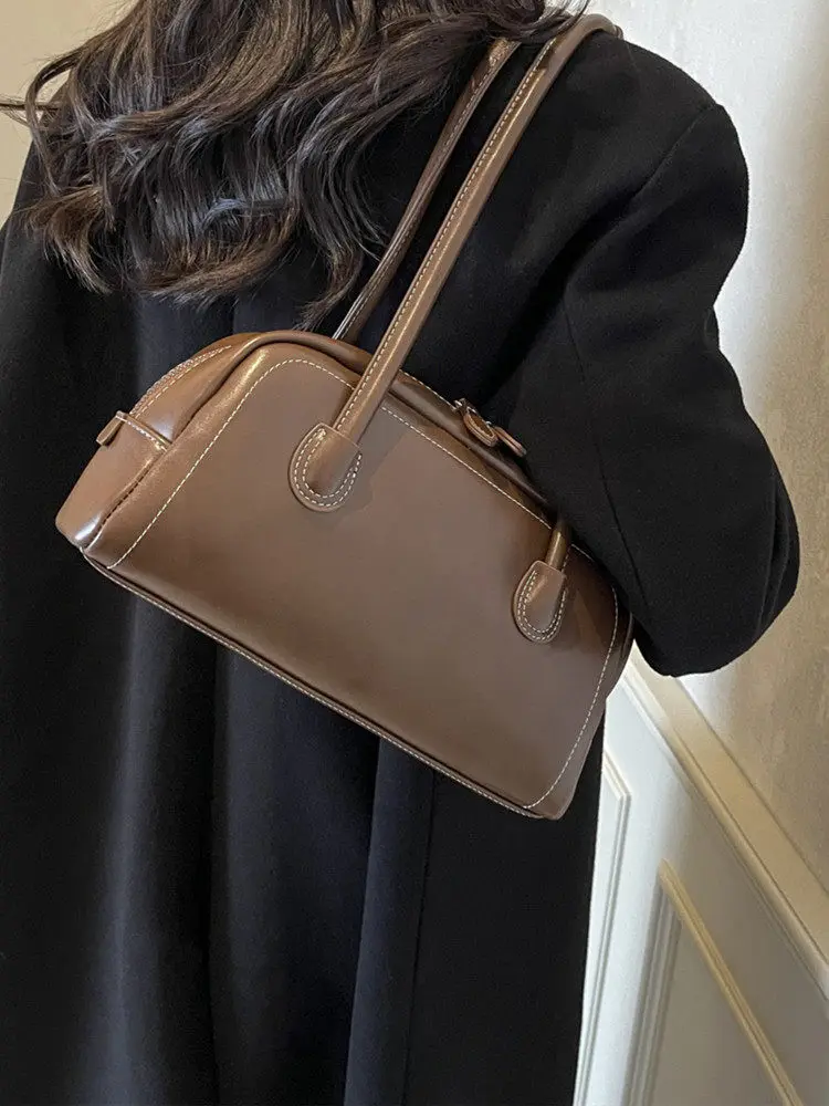 Bolsa Boston CITEX LV Feminina 2024 Nova Moda Outono Inverno Retro Bolsa de Bowling Superfície Macia Alça Dupla Fechamento co...