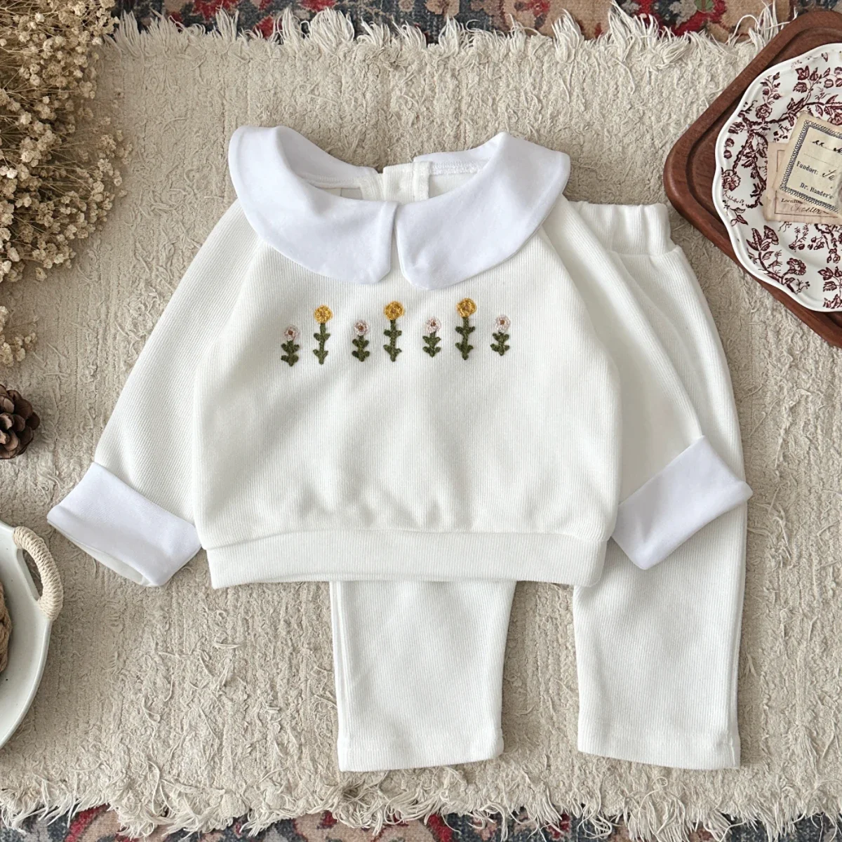 Infant Fall Winter Cotton Small Flower Embroidered Rice Woolen Fabric Long Sleeved Pants Set Newborn Baby Girl Outfit 0-3 Years