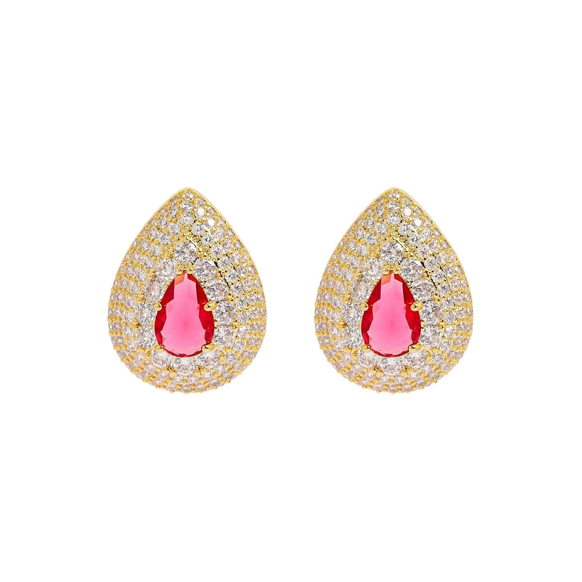 Gold Tone Red Pear-Shaped Gemstone Drop Earrings with Paved Sparkling Rhinestone Halo for Women Party Jewelry