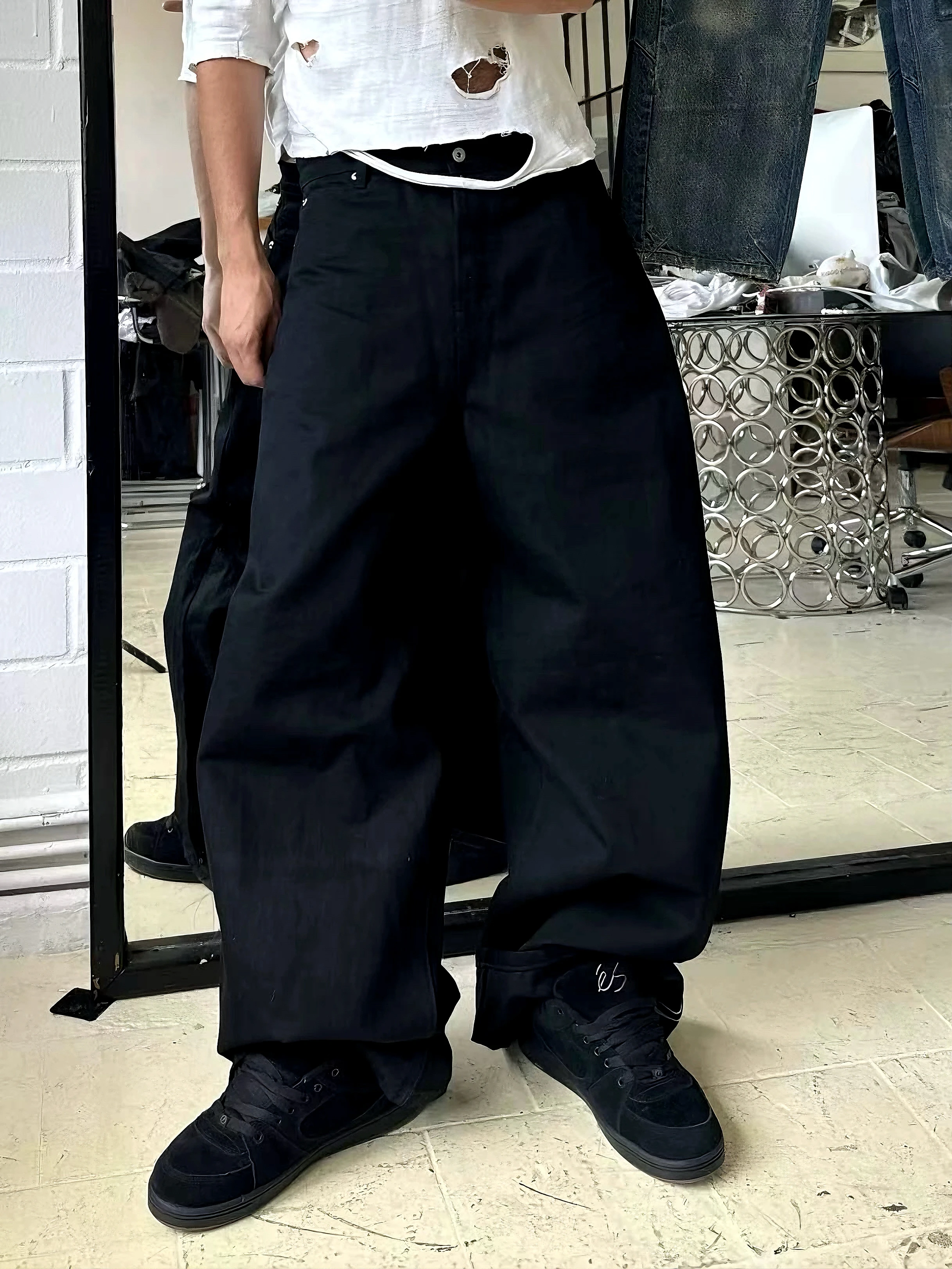 No Faith Studios Pure Black Wide Leg Jeans 3D Tailoring Knife  Denim Pants Unisex Youth Fashion Wear Resistant