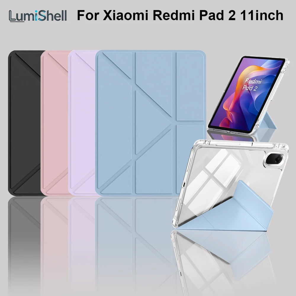 Y-Folding Acrylic Case For Redmi Pad 2 11 Inch 2025 With Pencil Holder Clear Transparent Back Cover Auto Wake/Sleep