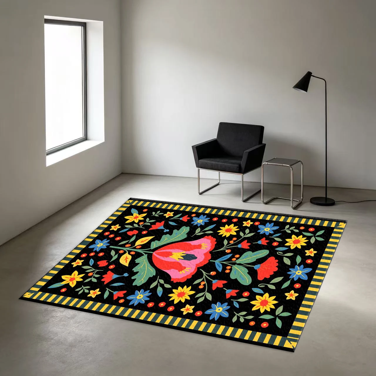 Black Base Folk Colorful Floral Carpet Flooring Bohemian Folk Art Anti‑Slip Floor Rug