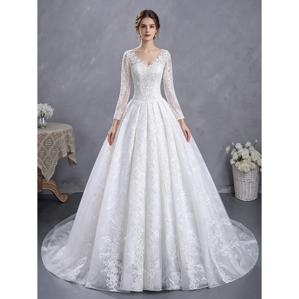 Customized Gorgeous Lace Princess Ball Dress 2026 Long Sleeves Transparent Chiffon Hollow Decal Bridal Gown Elegant Lace Back