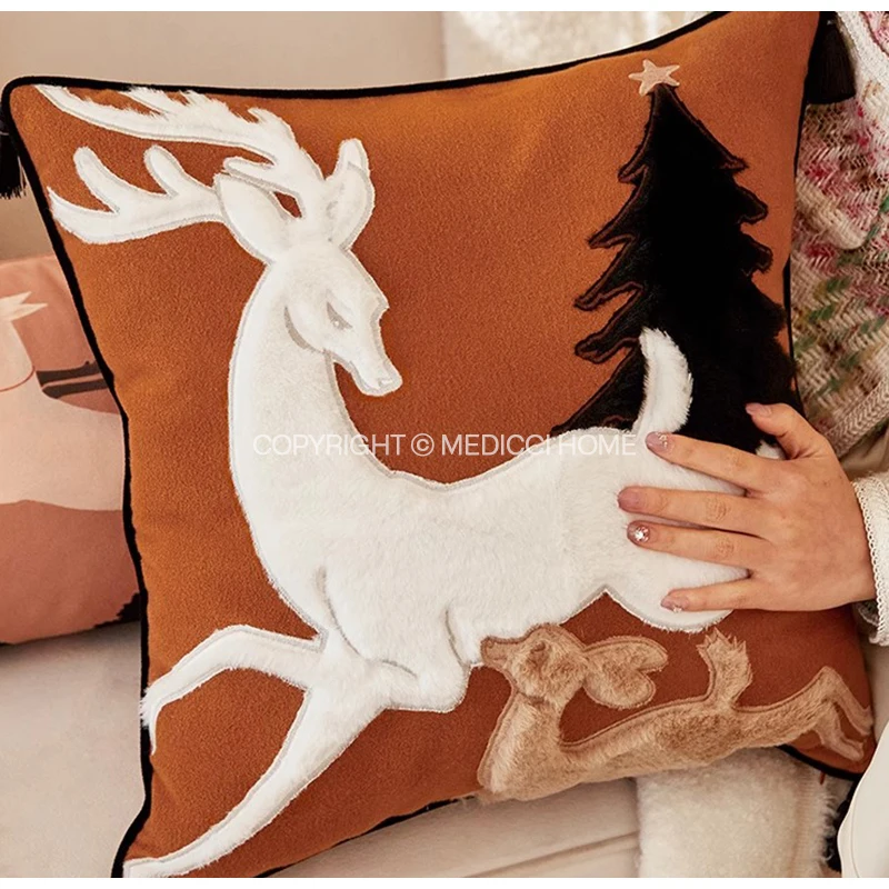 Medicci Home Luxury Handmade Appliqued Embroidery Reindeer Cushion Cover Christmas Tree Throw Pillowcase Xmas Holiday Home Decor