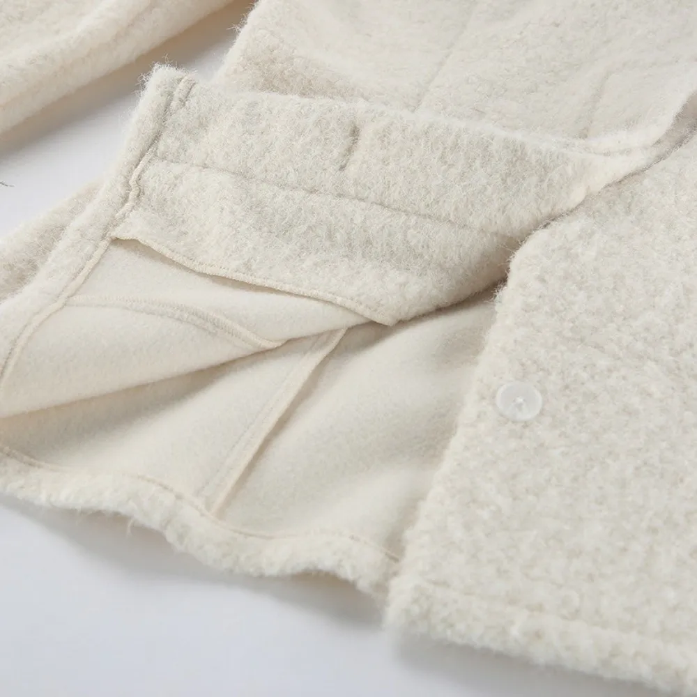 Short Length Women Short Wool Coat Fitted Waist Bubble Sleeve Wrap Neck Overcoat Women Winter Wool Outercoat Winter Commute