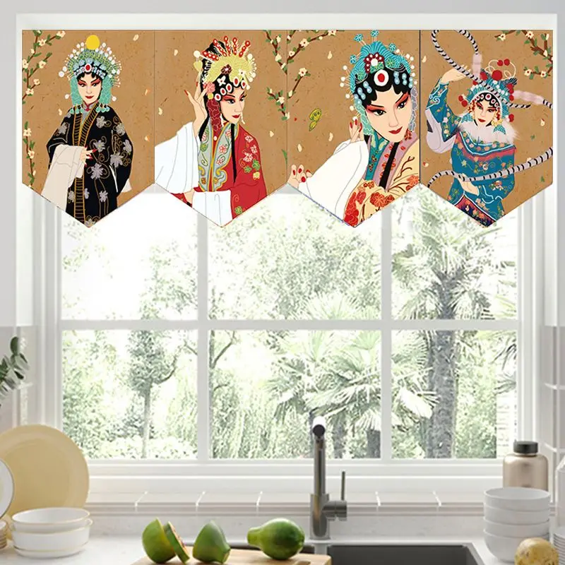 VIKAMA China-Chic Peking Opera Characters Triangle Flag Short Curtain Shop Kitchen Cafe Head Decoration