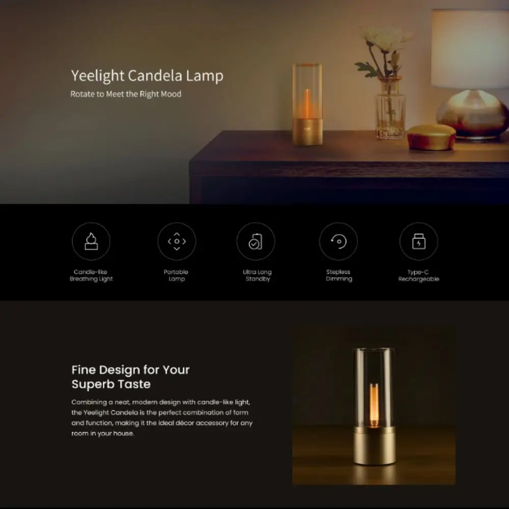 

Stepless Dimming Candle Lamp Type C Rechargeable 1800K Warm Light Candela Lamp Rotatable Design Breathing Light Effect