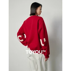 Toyouth Women Fleece Sweatshirt 2024 Autumn Long Sleeve O Neck Loose Hoodies Exquisite Embroidery Casual Chic Red Clothes Tops