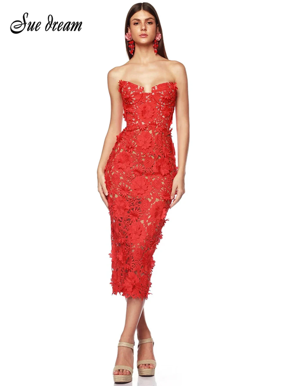 2024 Summer New Women's Red Sexy Strapless Hollow Out Embroidery Heavy Industry Midi Dress Bodycon Celebrity Party Evening Dress