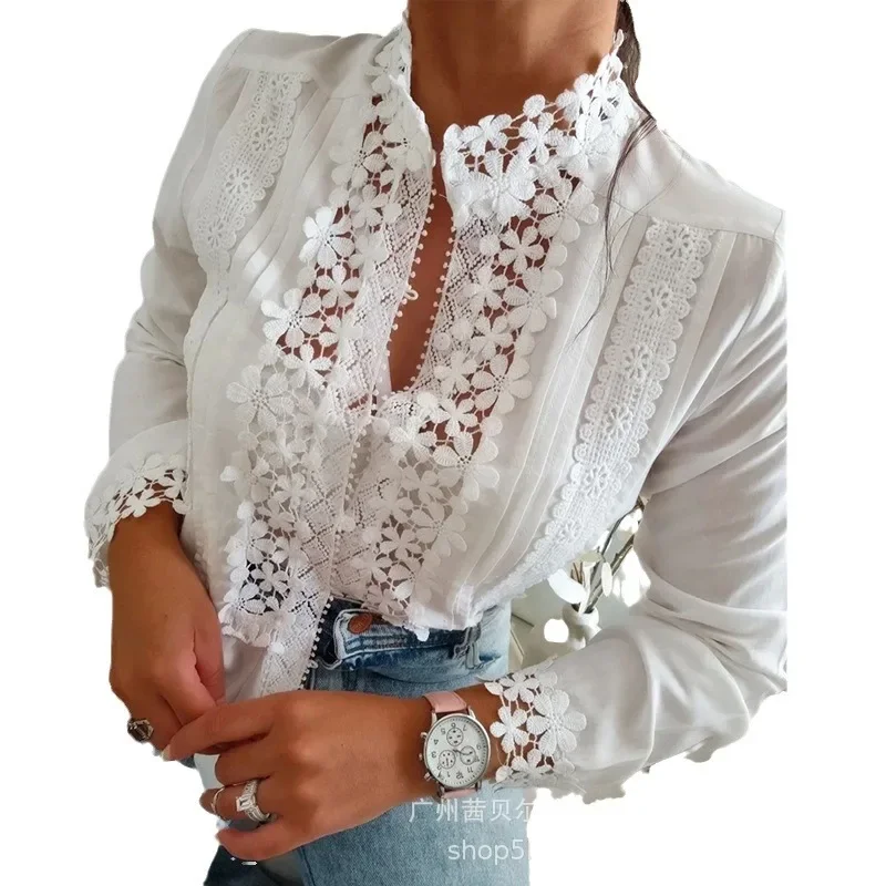 Floral Pattern Lace Patch Top Women Long Sleeve Tops V Neck T Shirt Single Breasted Shirts Casual Straight Blouses Spring 2024