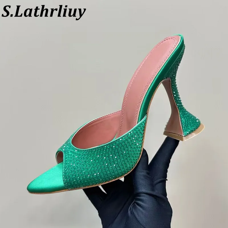 

Summer Open Toed Bling Bling Crystal High-Heel Slippers Women Solid Color Shiny Rhinestone Sandals Banquet Dress Shoes 2025