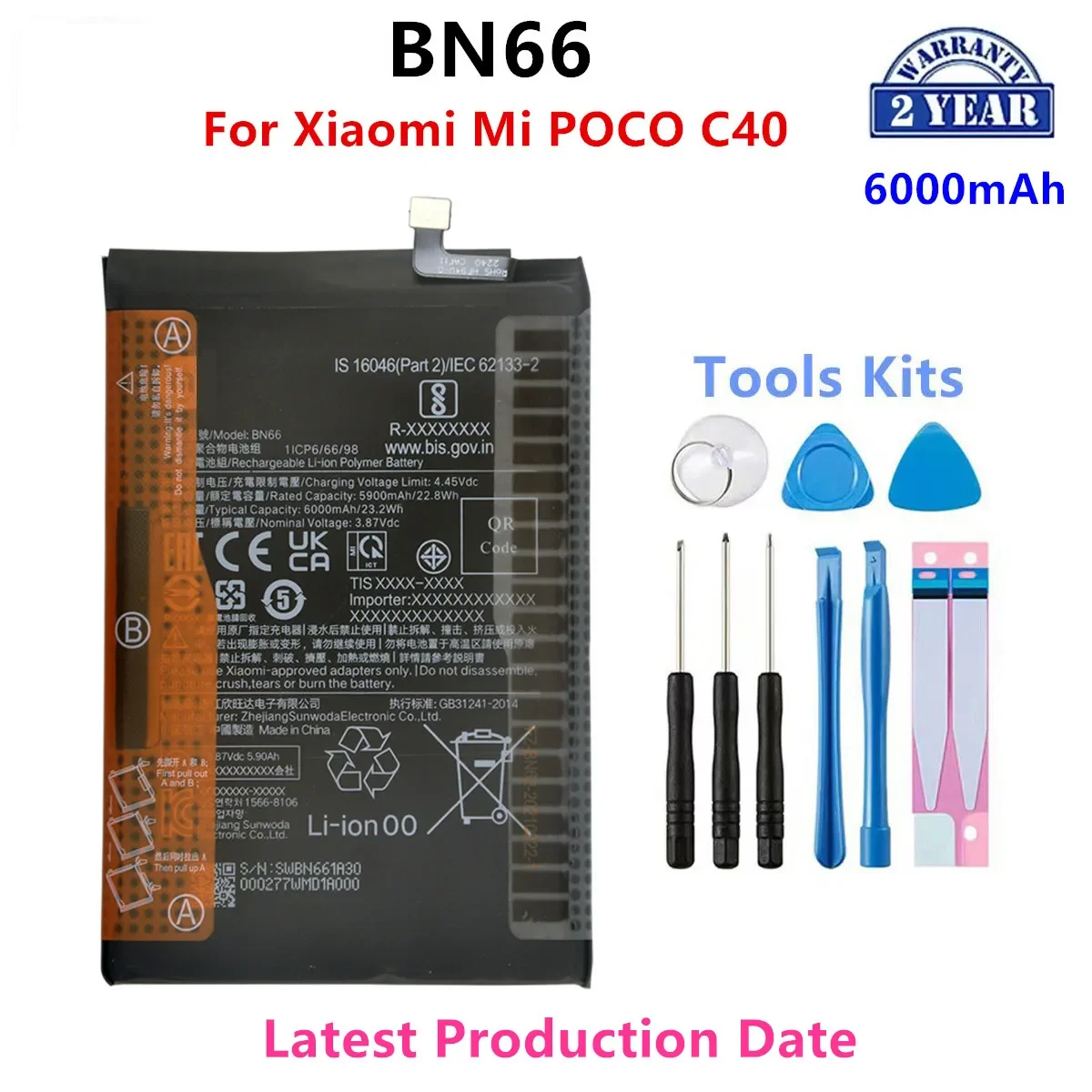 

100% Orginal BN66 6000mAh Battery For Xiaomi Mi POCO C40 Phone Replacement Batteries+Tools
