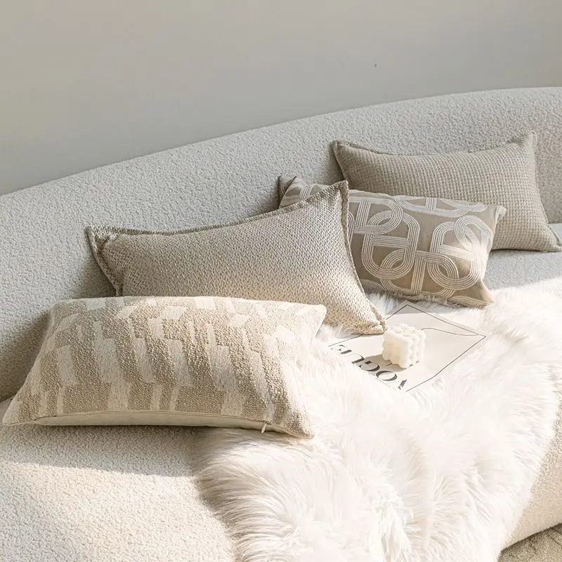 French Cream Jacquard Lumbar Pillow Cover 12x20in Oat Texture Embroidered Jacquard Pillow Covers Decorative for Sofa Home Decor