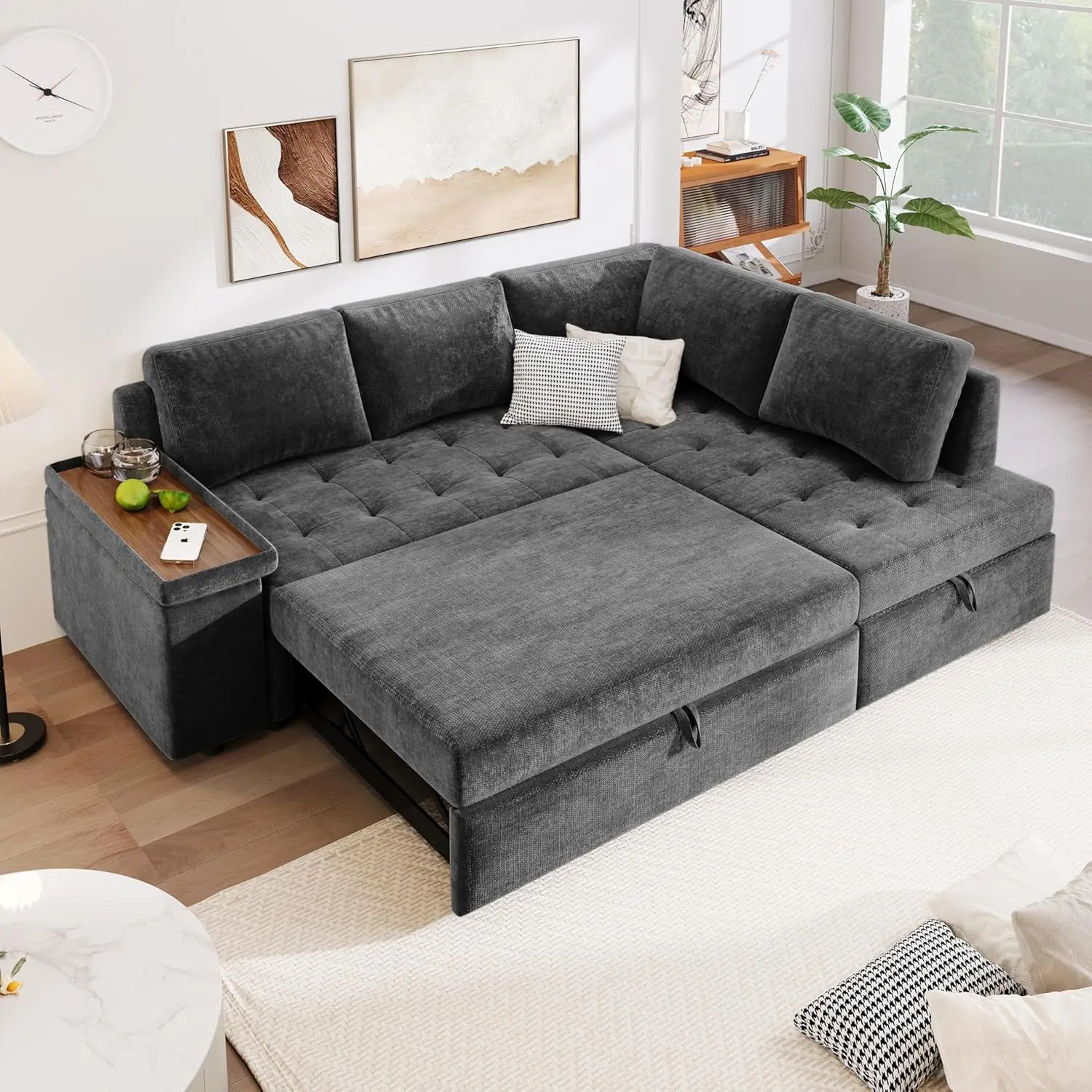 Modern L Shaped Sectional Sofa Corner Couch, Pull-Out Sofa Bed Sleeper With Storage Ottoman And Wide Storage Armrest, Polyester