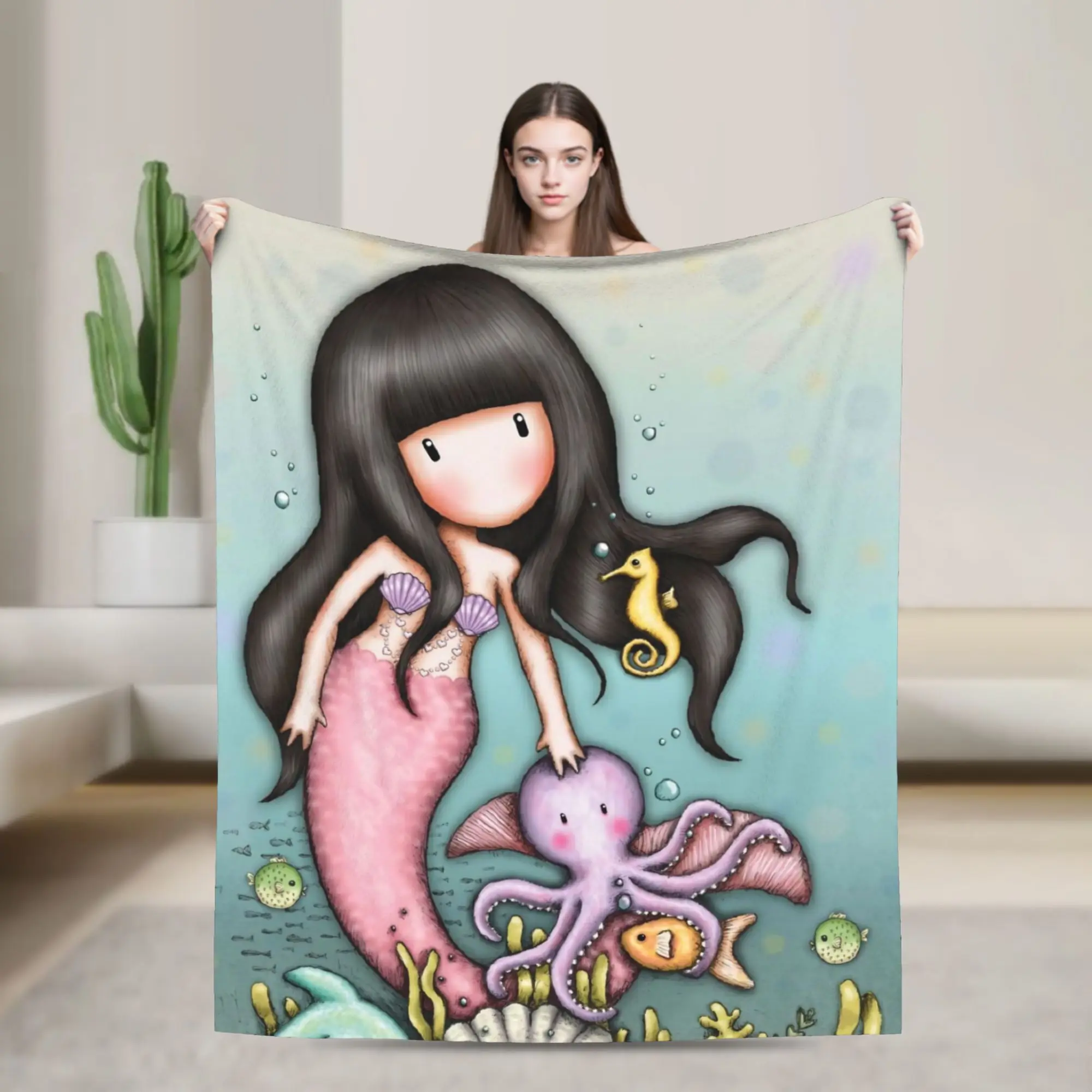 S-Santoro G-Gorjuss Plush Blankets Fish Girl Novelty Throw Blanket for Home 150*125cm Bedspread,