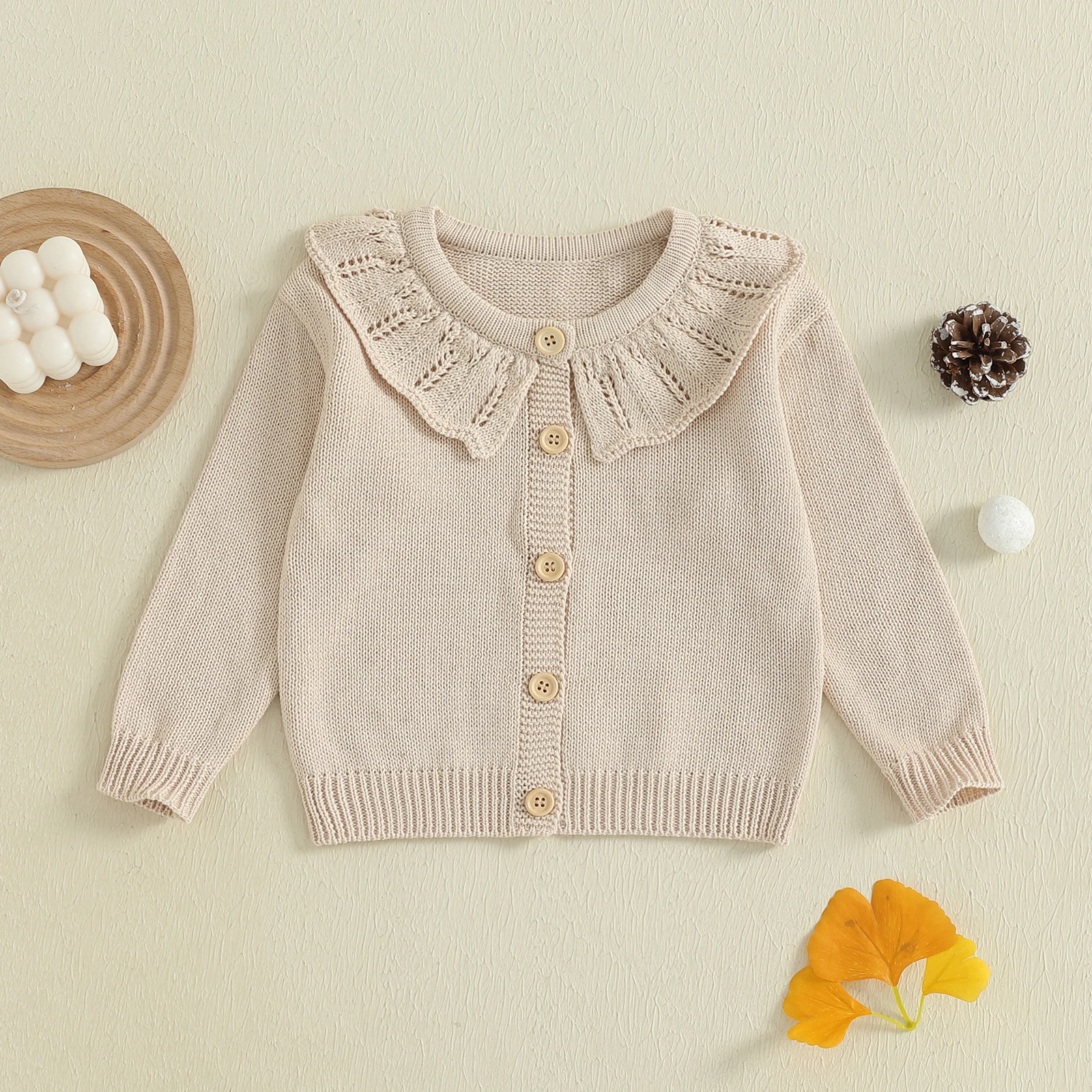 

Вязаный свитер для маленьких девочек, однотонный кардиган с круглым вырезом и длинными рукавами на пуговицах с рюшами