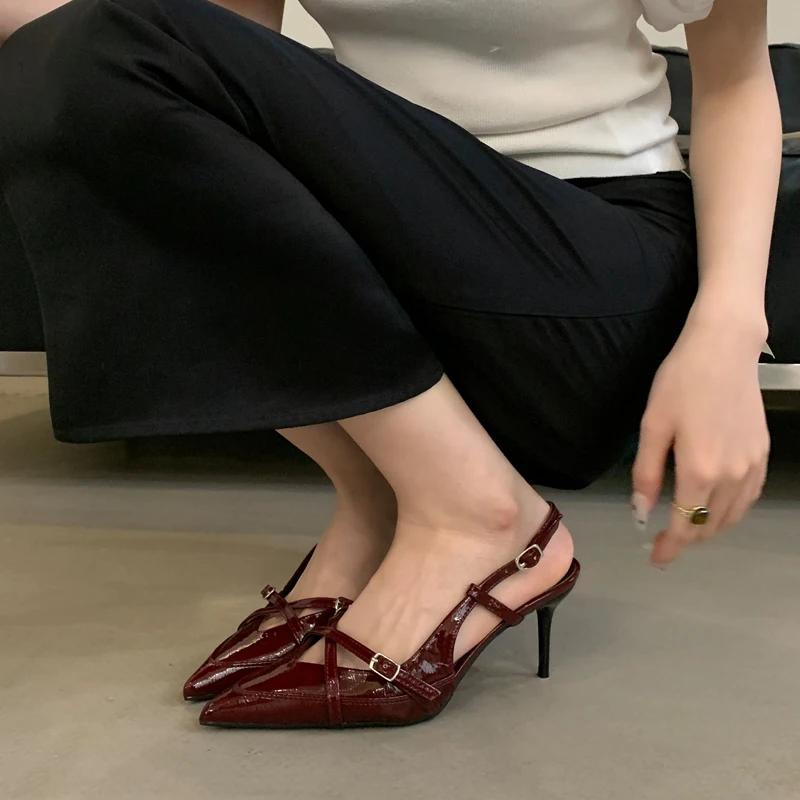 Blue Heels Ladies Pointed Toe Slingback Shoes Burgundy Belt Cross  High Heels Summer Office Pumps Women Shoes Stilettos Tacones