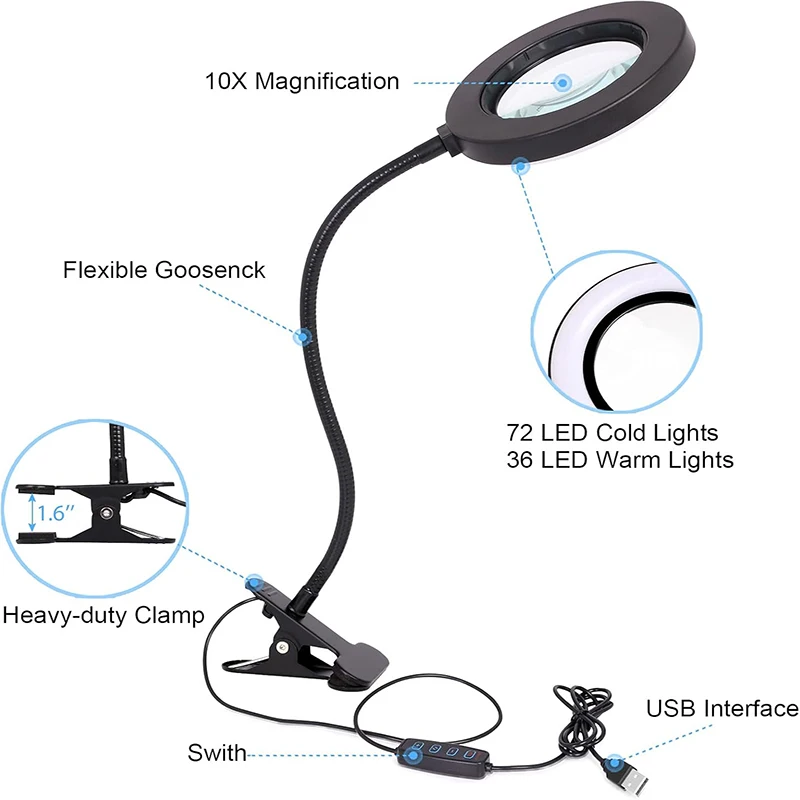 10X Magnifying Glass with 3 Color Modes LED Lighted Desk Lamp with Metal Clamp Flexible Gooseneck Magnifier for Reading Nail Art image 6