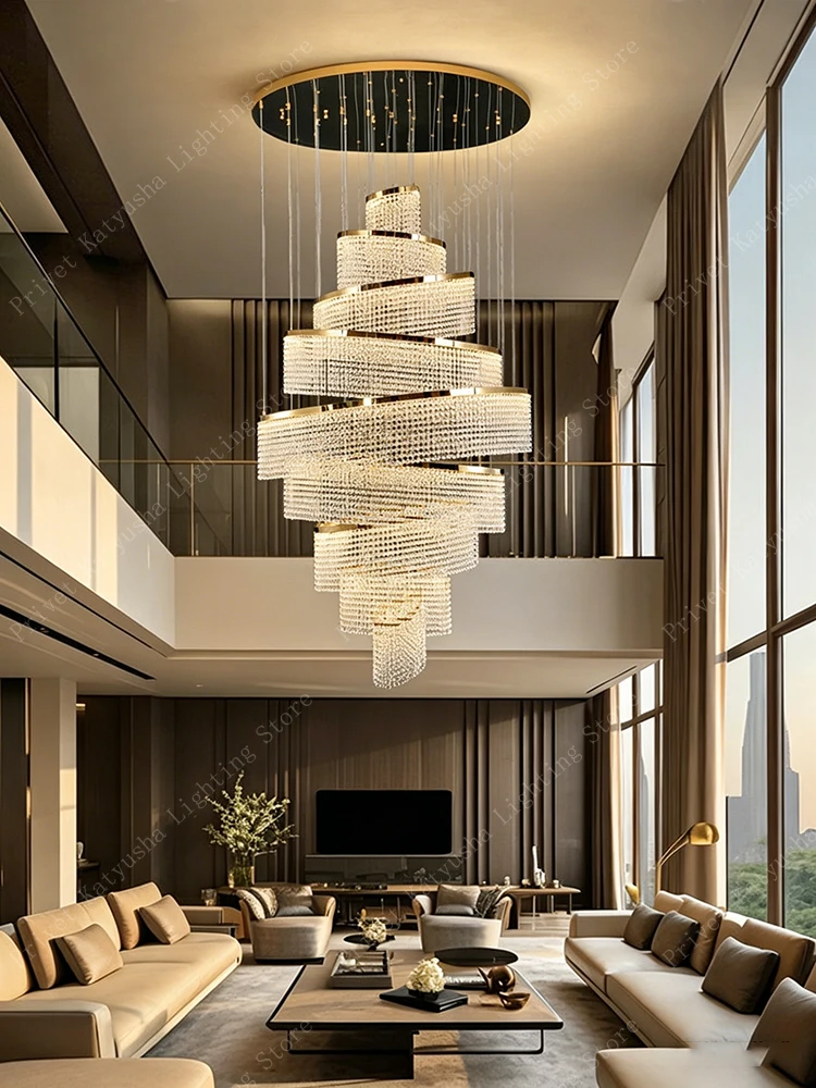 

Modern Gold Mirror Stainless Steel Crystal Pendant Lights Round, Luxury Stairwell Duplex Villa Big Chandeliers for High Ceiling
