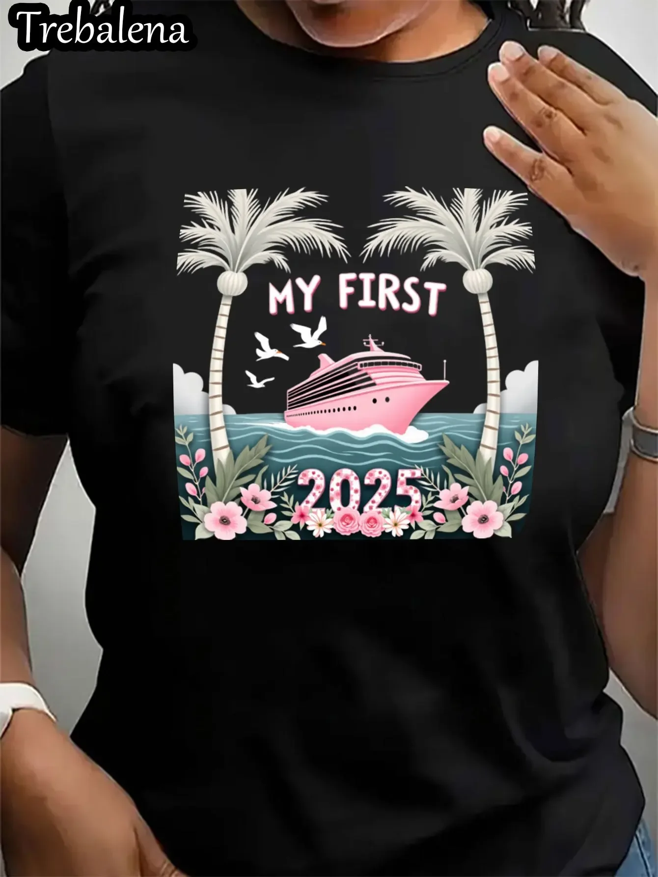 플러스 사이즈 여성용 티셔츠 내 첫 크루즈 2025 트로피컬 팜 비치 보트 여름 휴가 티셔츠 여성용 캐주얼 여름 착용