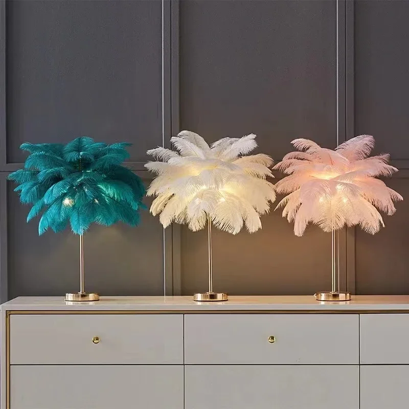 Imagem -04 - Modern Nordic Feather Tree Bedside Lamp Avestruz Feather Table Light Lâmpada de Mesa Romântica para Casamento Rosa e Branco