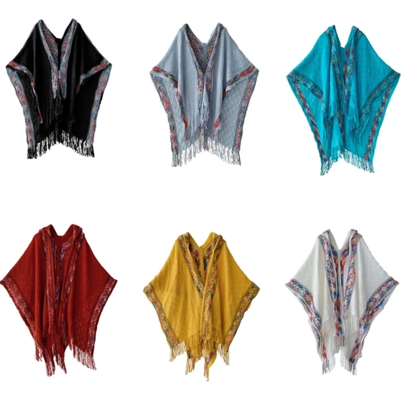 

Bohemian Patterned Shawl Capes Breathable Thin Poncho Shawl Sunproof Hooded Cloak