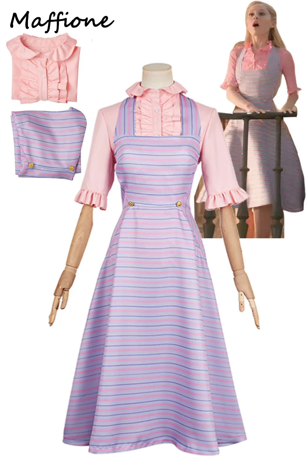 Glinda Cosplay Pink Stripe Dress 2024 Movie Wicked Costume Strap Skirt Shirt Dress Outfits Lady Disguise Halloween Party Suits