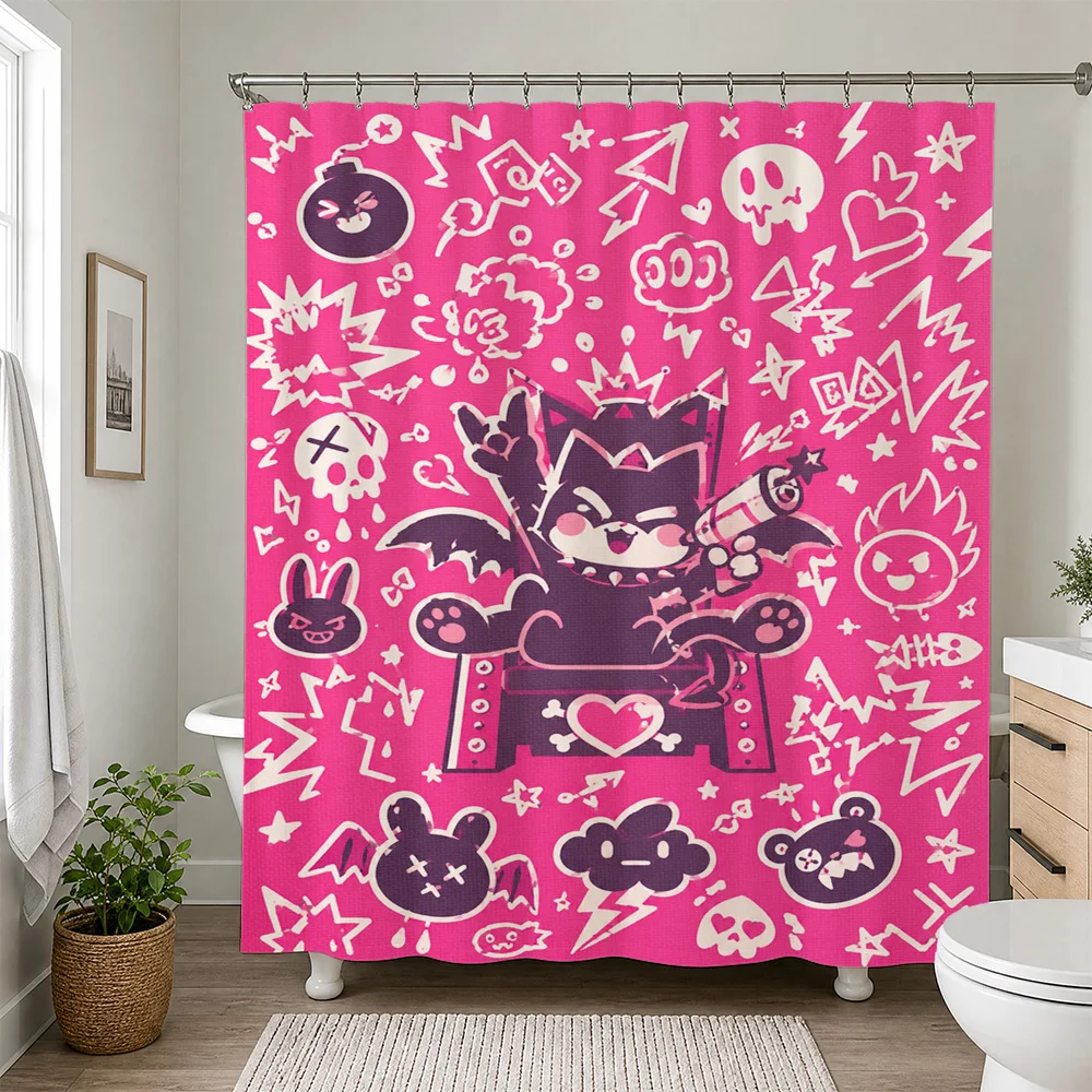 Cute Kawaii Cartoon Monster Princess Bathroom Shower Curtain Fun Pop Art Pink Shower Curtain for Kids Bathroom Decor