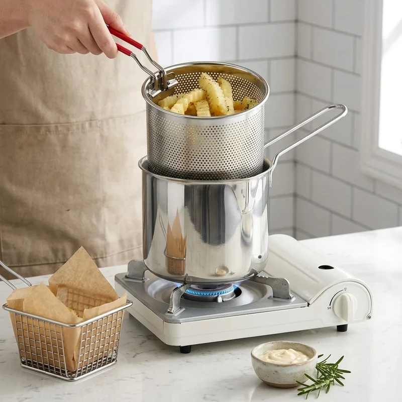 Olla de acero inoxidable para freír con filtro, pequeña olla para aceite, ideal para patatas fritas, alitas de pollo, freidora doméstica, utensilio de cocina.