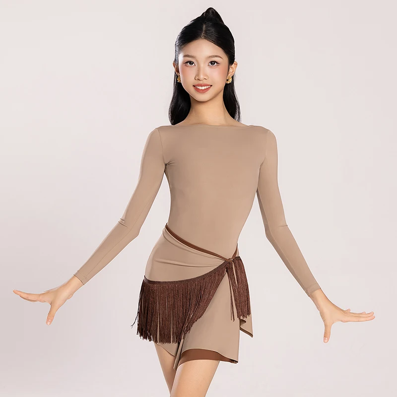 New Girls Latin Dance Clothes Skin Color Leotards Double Side Skirts Tassel Hip Scarf Long Sleeves Kids Practice Dresses BL17735