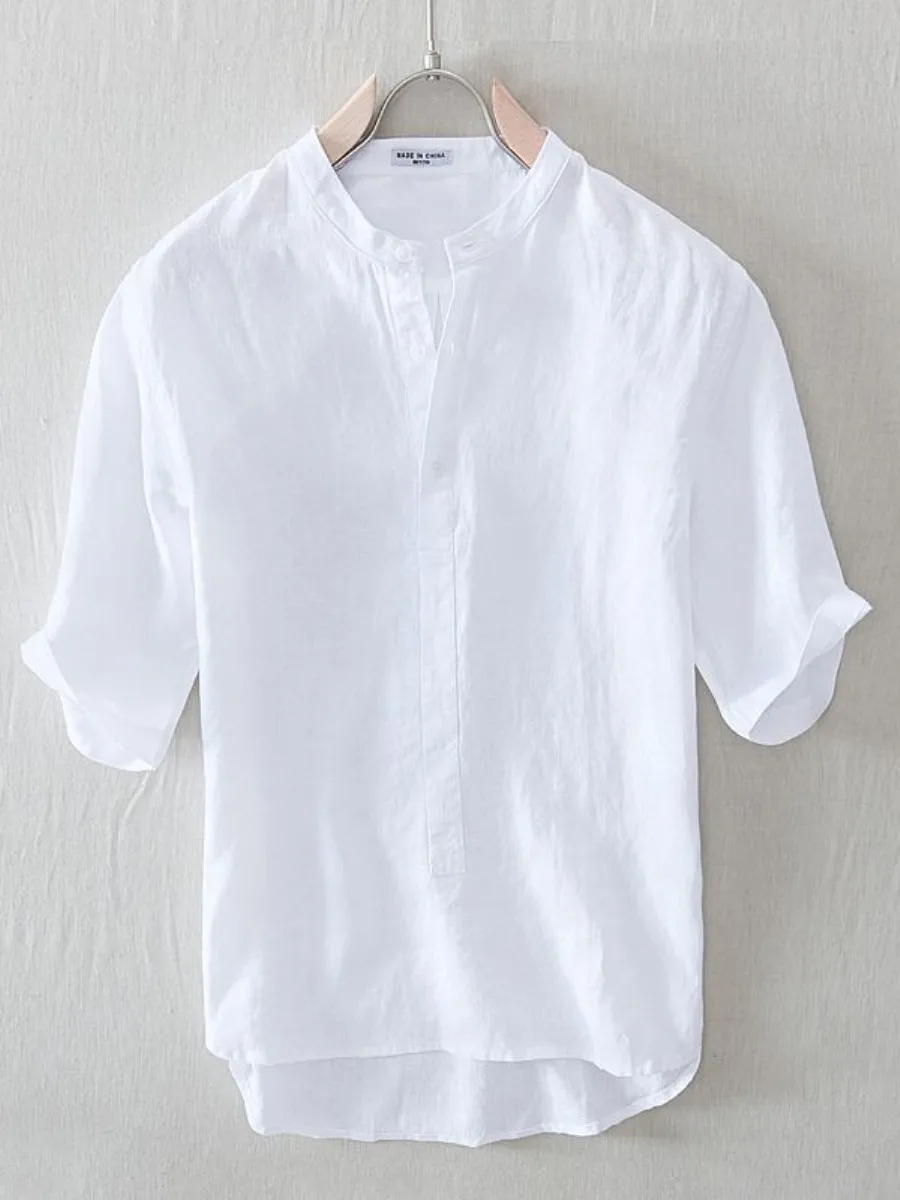 camisa-de-verao-fina-de-algodao-e-linho-caimento-solto-manga-curta-camiseta-branca-com-bolso-e-lenco-estilo-executivo
