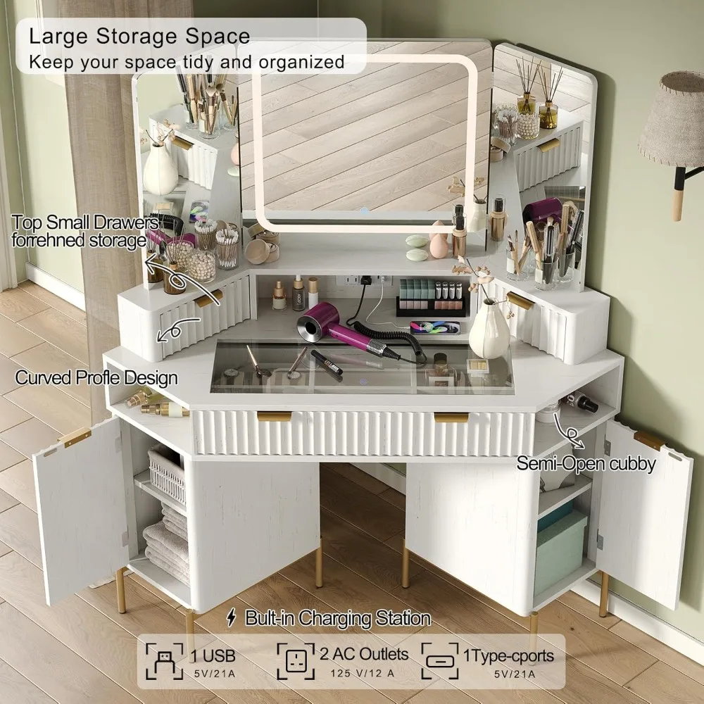 Scrivania da toeletta moderna da 48 pollici con triplo specchio e luci HD, grande tavolo da toeletta ad angolo con piano in vetro, stazione di ricarica, 1 multifunzione