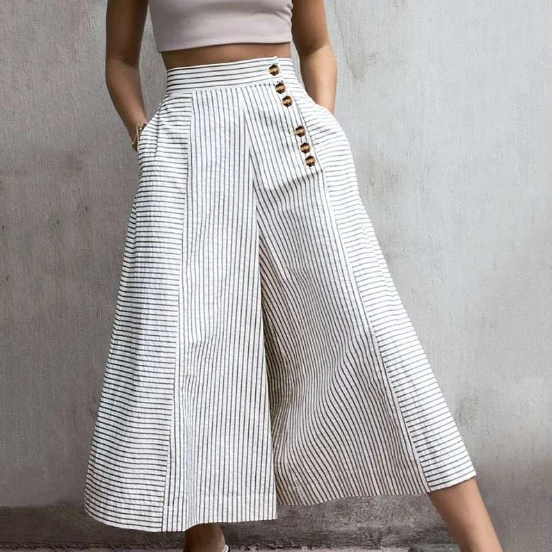 

Elegant Commuting Loose Trousers Spring Summer New Fashion Button Striped Printed Pocket Wide Leg Pants Casual Lady 2 Piece Set