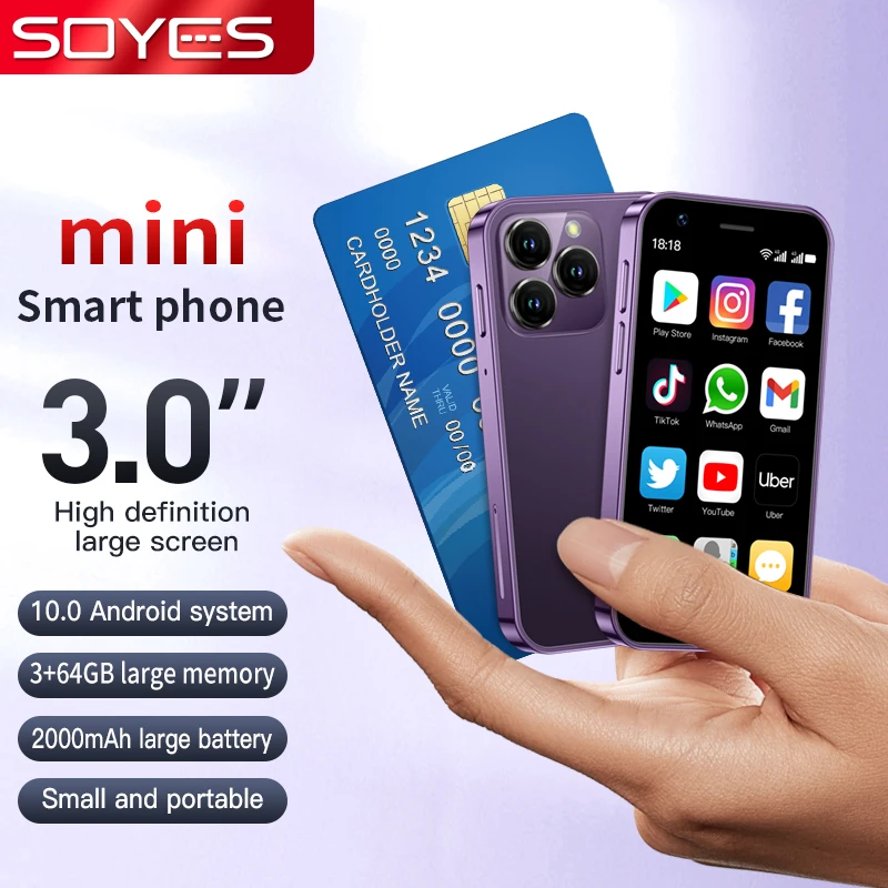 SOYES XS16 미니 4G LTE 미니 스마트폰, 3.0 인치 디스플레이, 3GB RAM, 64GB ROM, 5MP 카메라, 듀얼 SIM, 플레이 스토어 WhatsAPP 포함