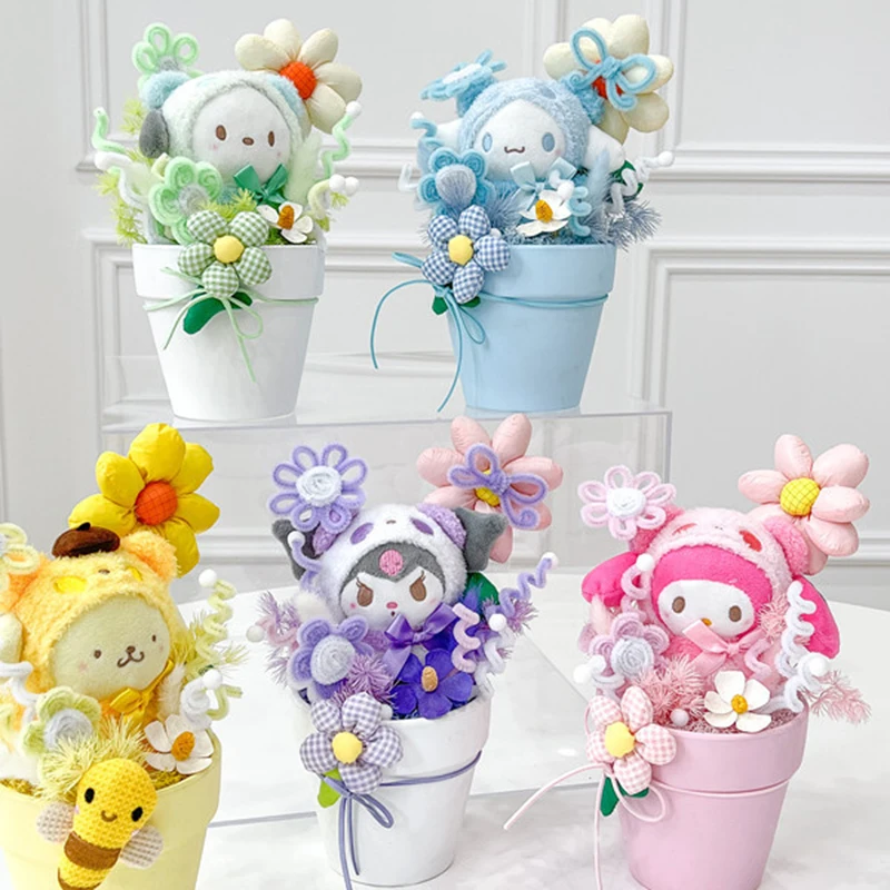 

New Sanrio Hand Limited Bouquet Cute Hello Kitty Potting Cinnamoroll Doll Potted Ornament Of Immortal Flowers Creative Girl Gift