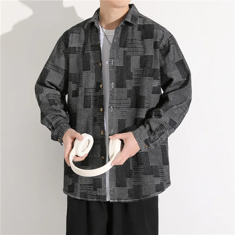 

Мужская свободная рубашка с длинным рукавом в винтажном американском стиле, из денима, для весны и осени, из полиэстера, хлопка и переработанных волокон