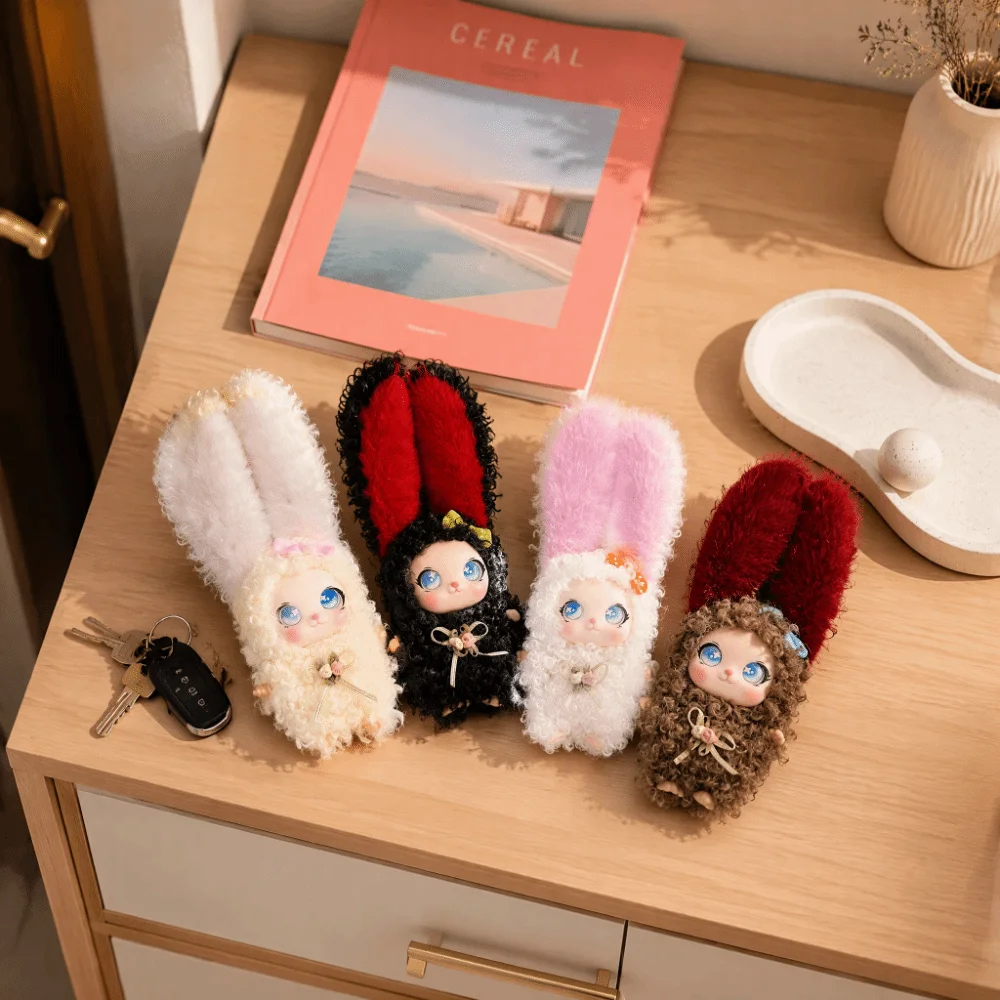 Long Ear Bunny Plush Doll Bag Hanging Charms Big Ear Rabbit Plush Keychain French Floral Bow Miniature Car Key Ring