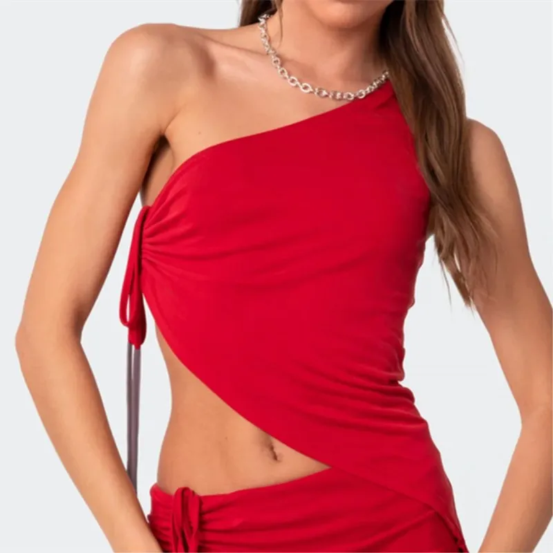 Sexy Red One Shoulder Backless Drawstring Y2k Tank Tops T-Shirt Solid Color Summer Sleeveless Slim Crop Tops 2024 New Streetwear